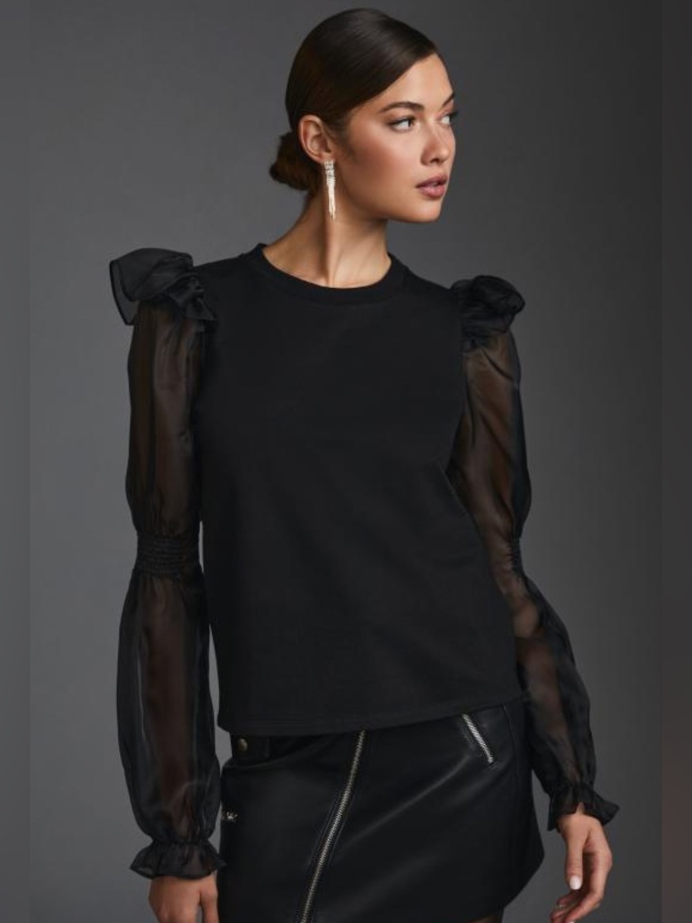 Anthropologie Black Sheer Ruffle Puff Sleeve Pullover Knit Top Sz XS